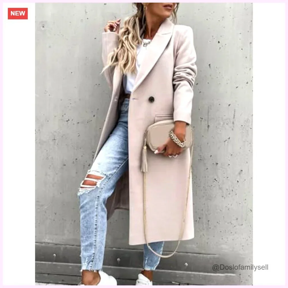 Long Wool Peacoat Classic Notch Lapel Dressy Fall Winter Coat Jacket - Picture 3 of 4